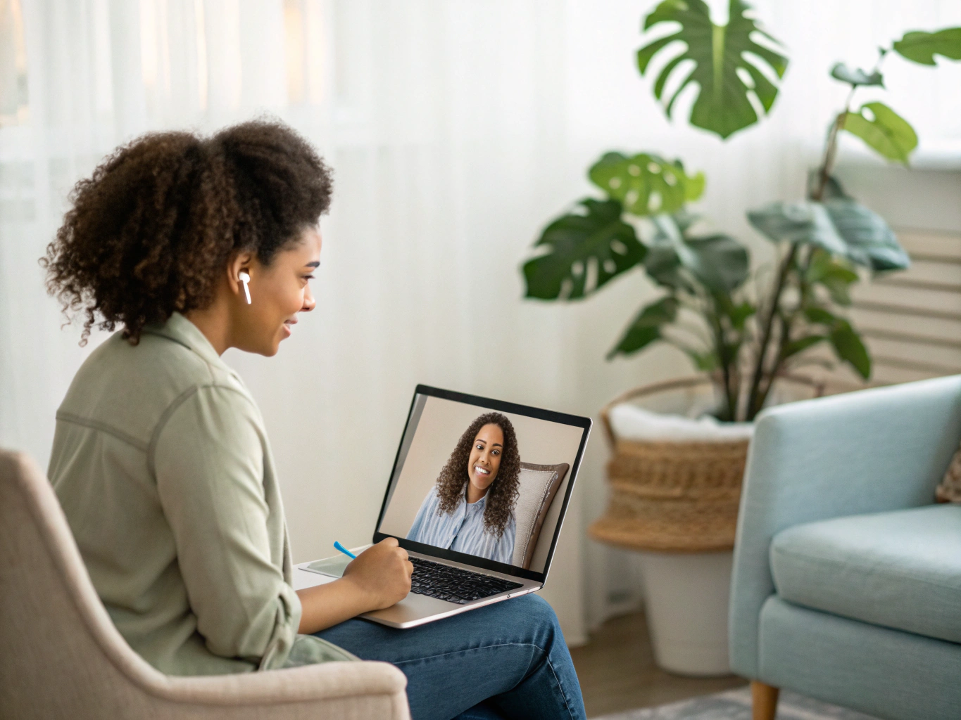 Adaliz Garces in a calm, professional virtual therapy session